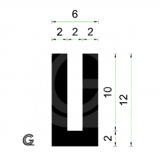 Rubber U Profile | inside size 2 mm | height 12 mm | thickness 2 mm | Per Meter